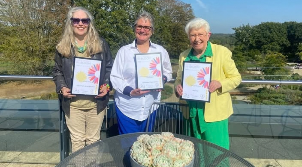 Penelope Robbins from Sevenoaks Soroptimists, Head Gardener of Rockdale Village Annette Whitney, and Cllr Dr Merilyn Canet